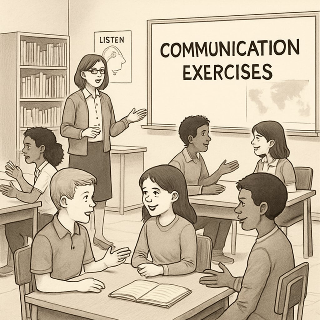 A group of students practicing communication exercises in a classroom setting, reflecting the importance of structured communication training. Students engaging in communication exercises in a K12 classroom.