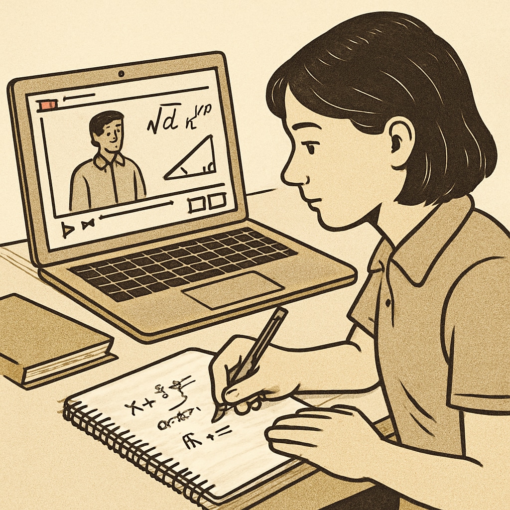 A student taking notes while watching a YouTube video on mathematical skills, showing active learning strategies. Student preparing for mathematical skills test using YouTube resources.