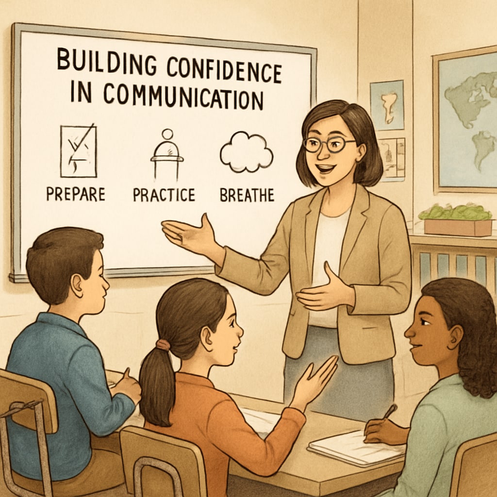A teacher guiding students through a public speaking exercise, showcasing strategies for building confidence in communication. Teacher and students involved in a public speaking exercise.