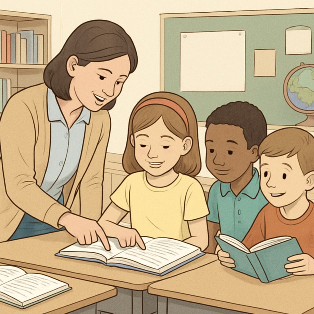 A teacher helping elementary students with a reading activity, emphasizing engagement over points. Teacher guiding students in a reading activity while focusing on comprehension, not points.