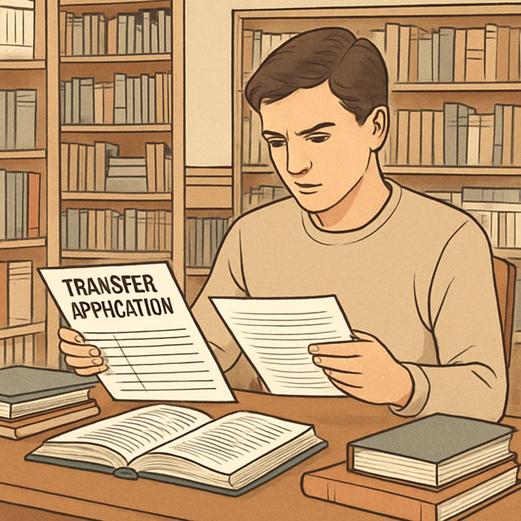 A student reviewing transfer application documents in a university library, symbolizing the admissions process. Student reviewing transfer application documents in a library