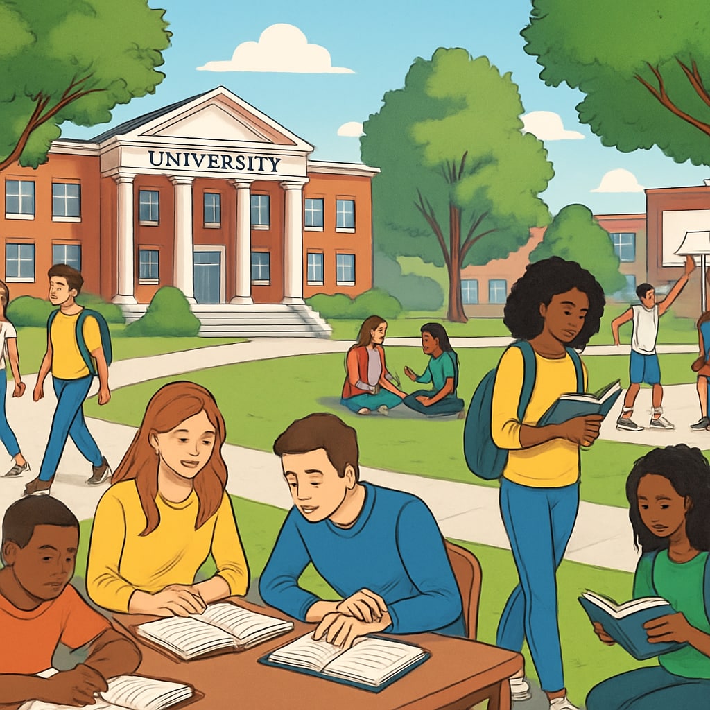 A bustling university campus with students engaged in various activities, representing a vibrant campus life. University campus showcasing active student life, related to nursing and transfer decisions.