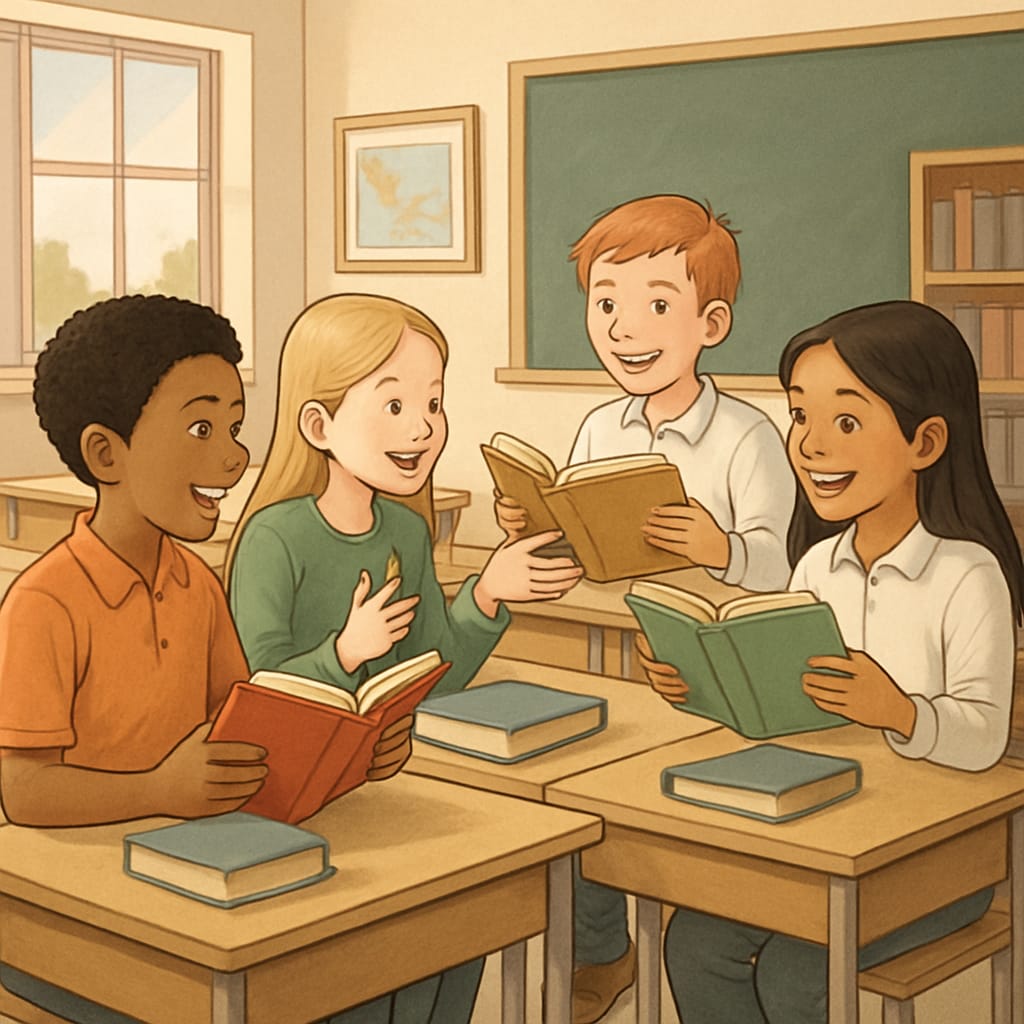 Students excitedly discussing their favorite books in a classroom setting. Elementary students sharing their favorite books, showcasing enthusiasm for reading.