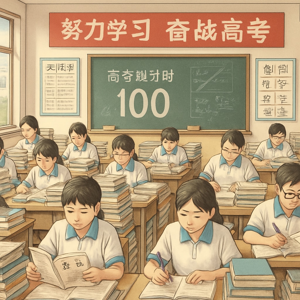 A bustling Chinese classroom with students preparing for the gaokao, symbolizing the focus on exam-oriented education. Chinese classroom with students preparing for exams, representing education systems and exams.