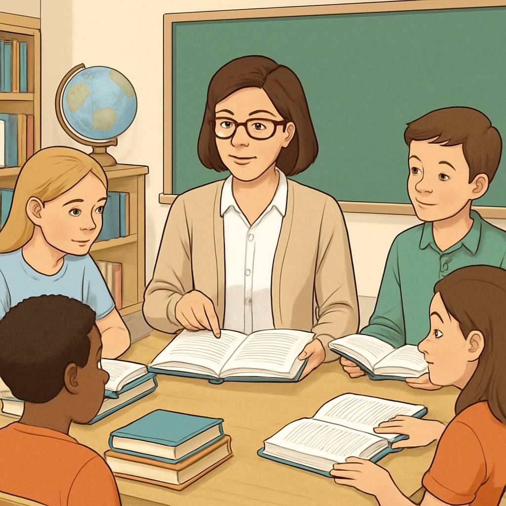 A teacher reviewing reading materials with students in a classroom setting. Teacher discussing reading comprehension with students in a classroom.