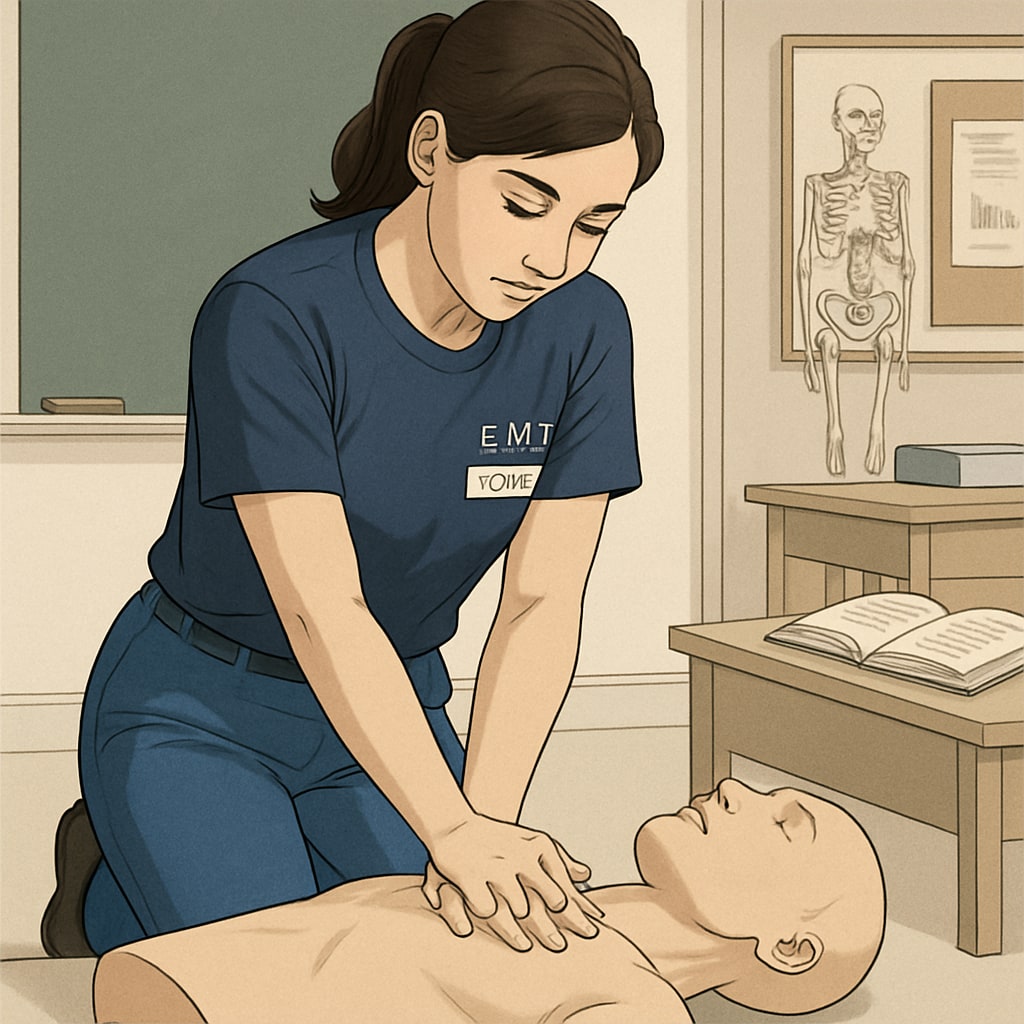 A nursing student participating in an EMT training session, practicing CPR on a mannequin. Nursing student practicing EMT skills, such as CPR, during a training session.