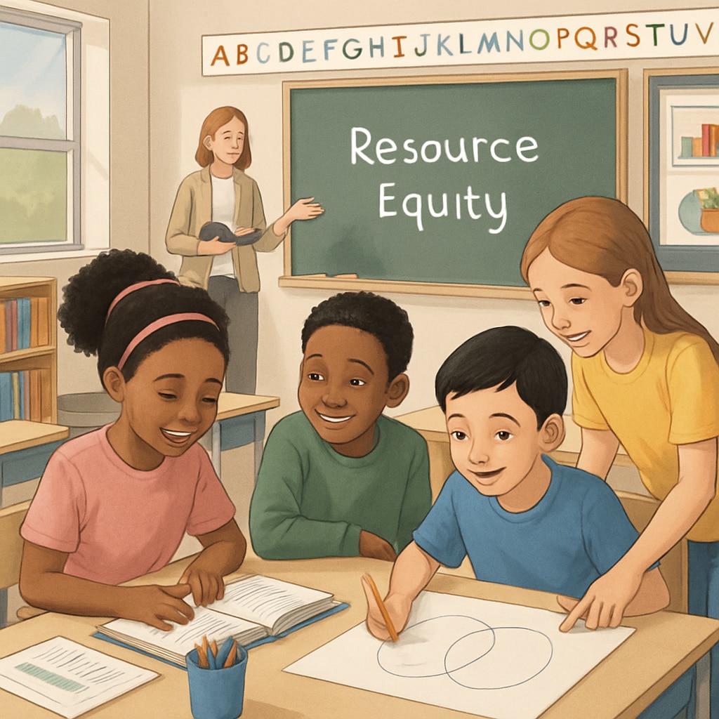 A modern American classroom with diverse students engaging in group activities, highlighting resource equity efforts. American classroom with diverse students in group activities, addressing resource allocation in education.
