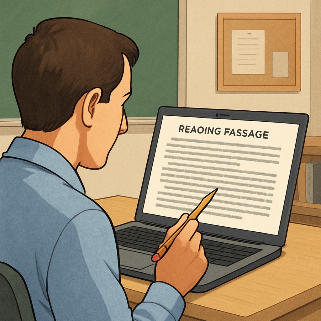 A close-up of a teacher analyzing a reading passage on a laptop screen. Teacher reviewing text complexity on a laptop during a study.