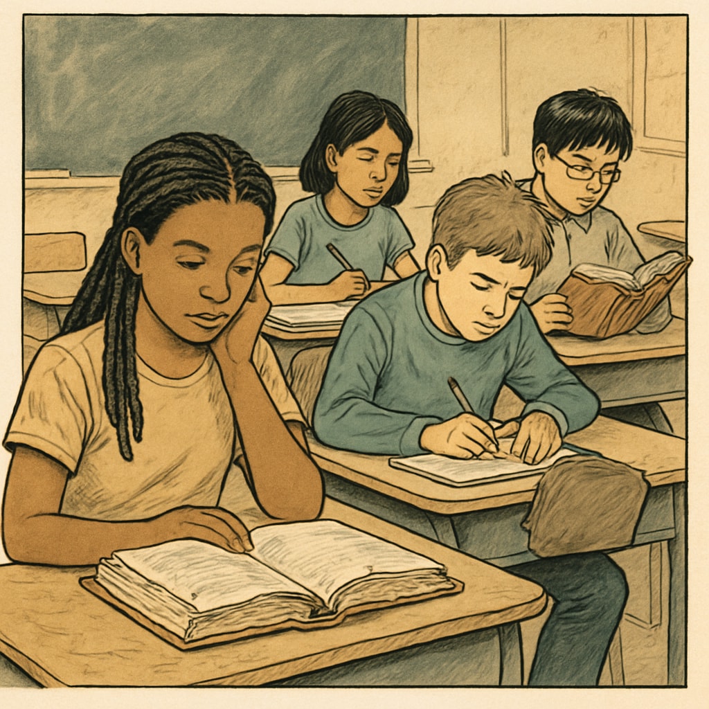 A group of students in a public classroom, illustrating the challenges faced by public schools as voucher programs expand. Students in a public school classroom facing funding challenges due to voucher programs.