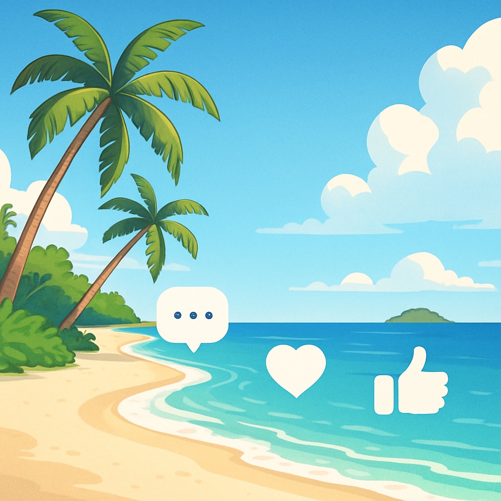 A vibrant short video showing a tropical destination with clear blue skies, white sandy beaches, and users engaging in comments and likes. Tourism short videos showcasing tropical destinations and user engagement.