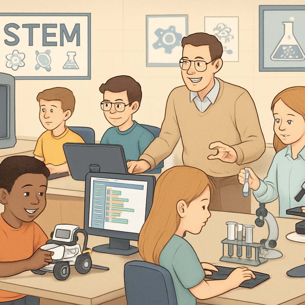 A public school STEM lab, highlighting a specialized program designed to compete with private education offerings. STEM lab in a public school illustrating innovation to counter voucher program effects.
