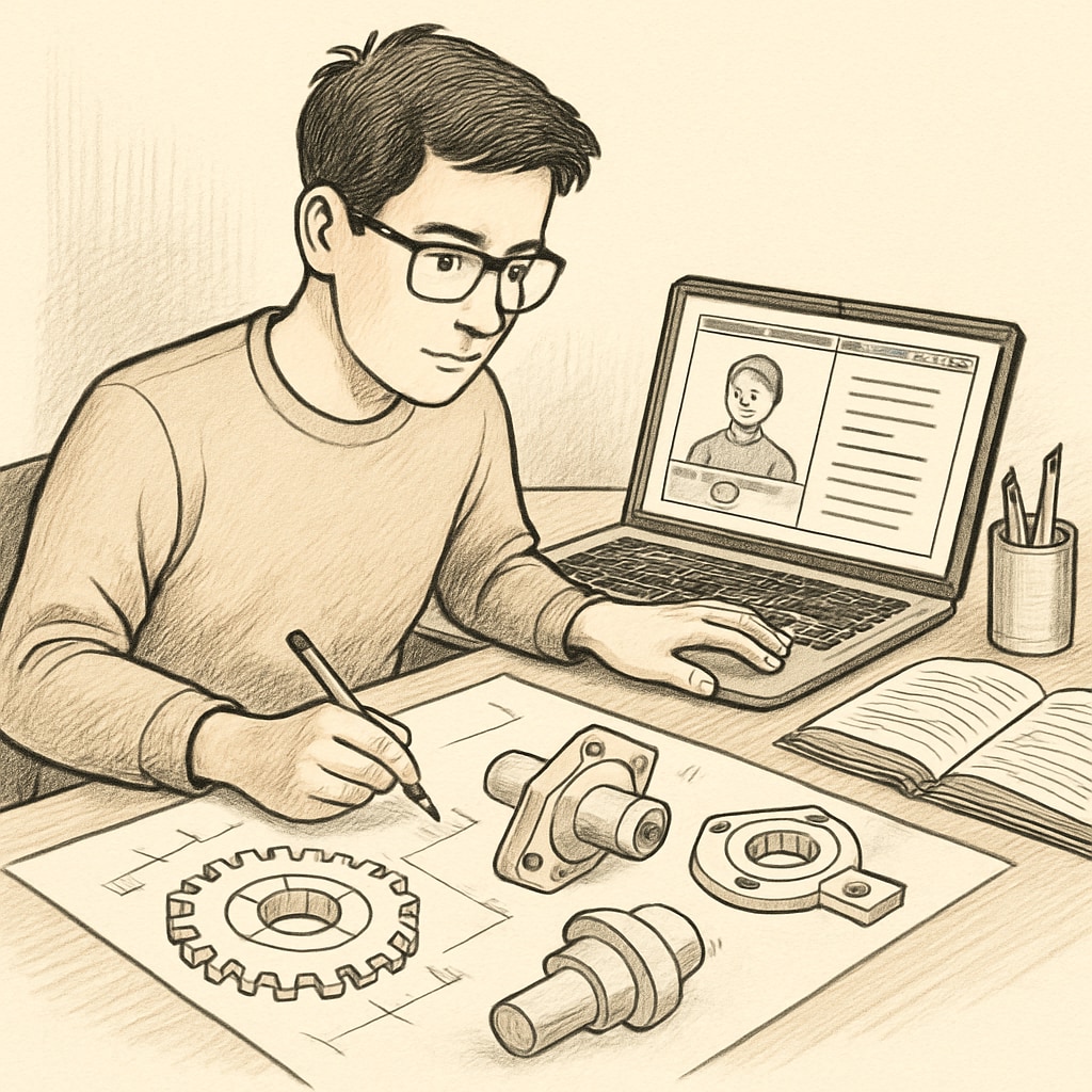 A student working on both mechanical engineering designs and an online course on a laptop. A student multitasking between mechanical engineering designs and an online degree course.