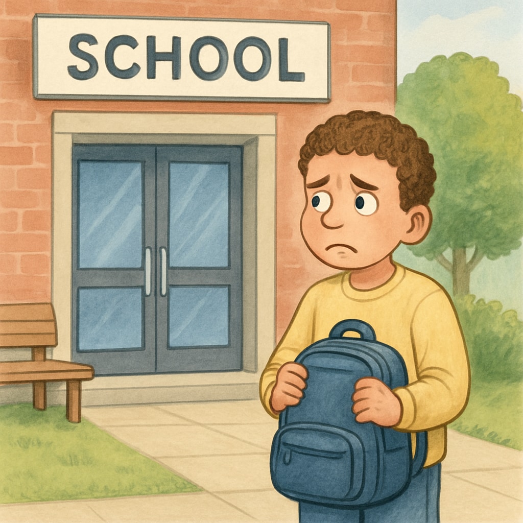 An illustration of a student with special needs waiting anxiously outside a school. The image symbolizes bureaucratic delays in the transfer process. Special needs student waiting outside a school due to bureaucratic delays in the UK.