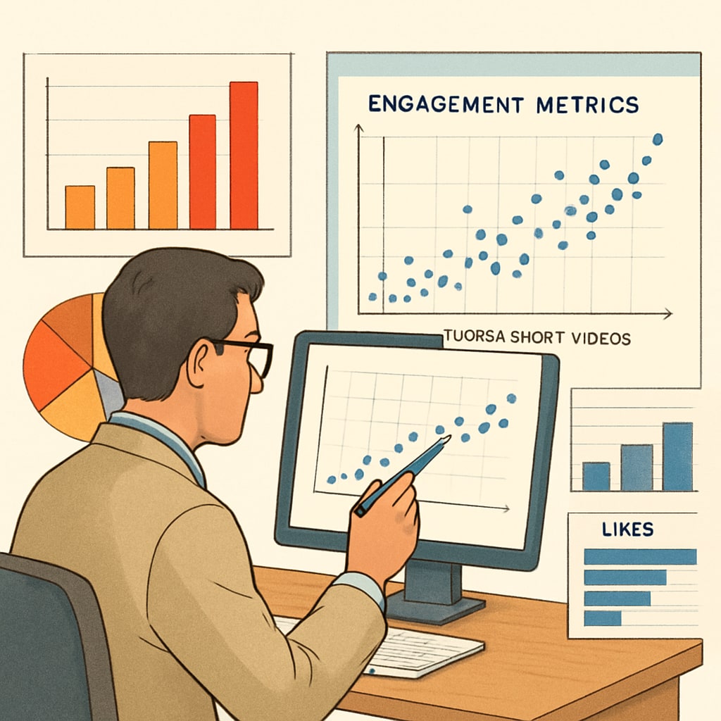 An academic researcher analyzing data points on a screen, with charts and graphs illustrating engagement metrics from tourism short videos. Researcher analyzing data from tourism short videos for a master's thesis.