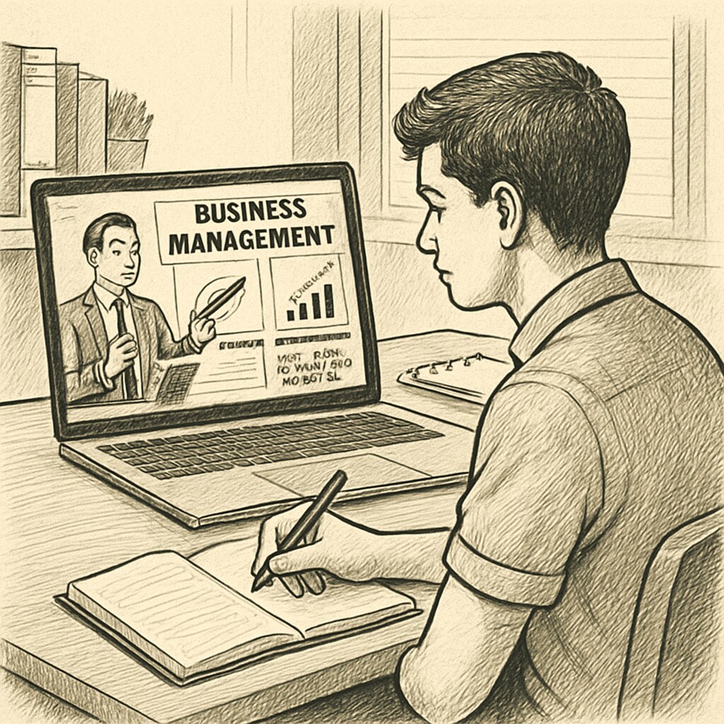 A mechanical engineering student attending a virtual lecture on business management concepts. A student learning business management online to complement mechanical engineering skills.