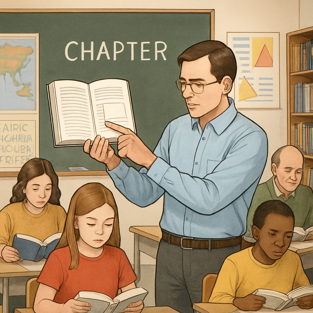 A teacher analyzing a book in a classroom while students are reading. This illustrates the focus on text complexity in real-world settings. Teacher analyzing text complexity for reading comprehension in the classroom.