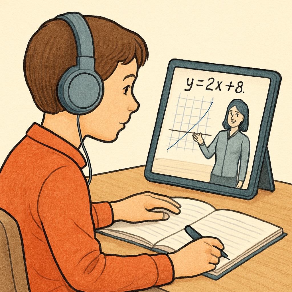 A student using headphones while watching a math tutorial on a tablet, symbolizing effective online learning. Student watching math tutorials on YouTube for recruitment test preparation.
