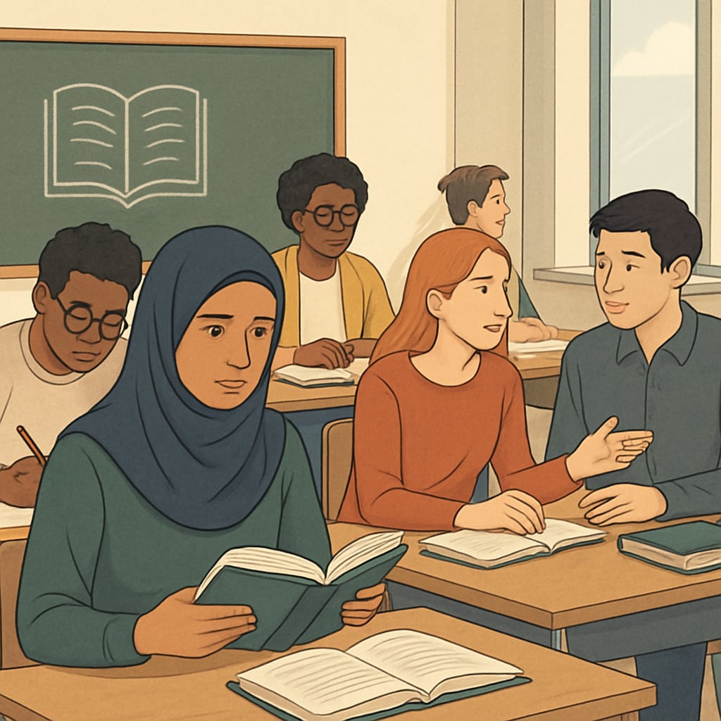 A classroom of diverse students at a UK university, symbolizing the challenges faced by immigrant students in accessing affordable education. Diverse students discussing in a UK university classroom