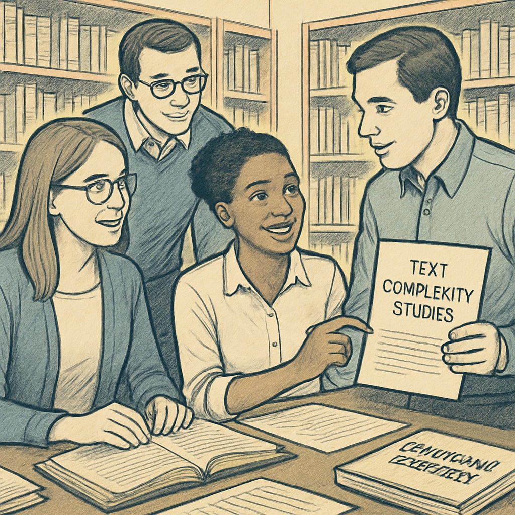 Teachers collaborating in a library on educational research materials. Highlights the role of teachers in contributing to text complexity studies. Teachers collaborating on text complexity research for reading education.