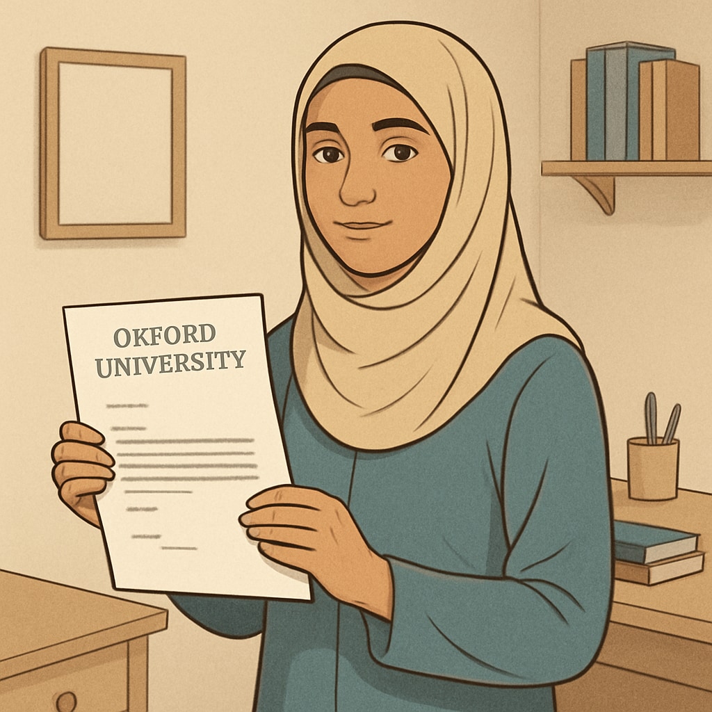 A young student holding an Oxford University acceptance letter, symbolizing the hope and challenges faced by immigrant families. Immigrant student holding Oxford University acceptance letter