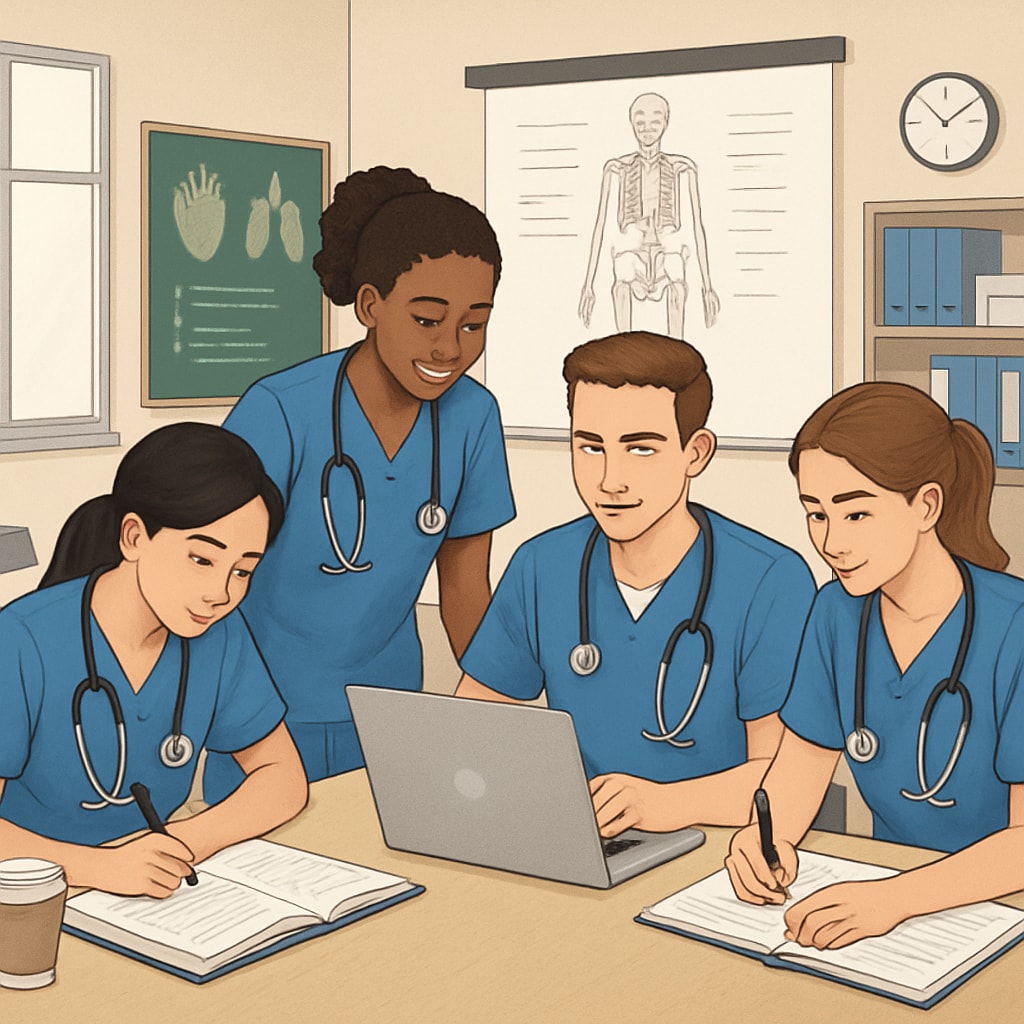 Nursing students collaborating in a modern classroom setting, symbolizing academic rigor and teamwork. Nursing students in a classroom, representing academic collaboration in a nursing program.