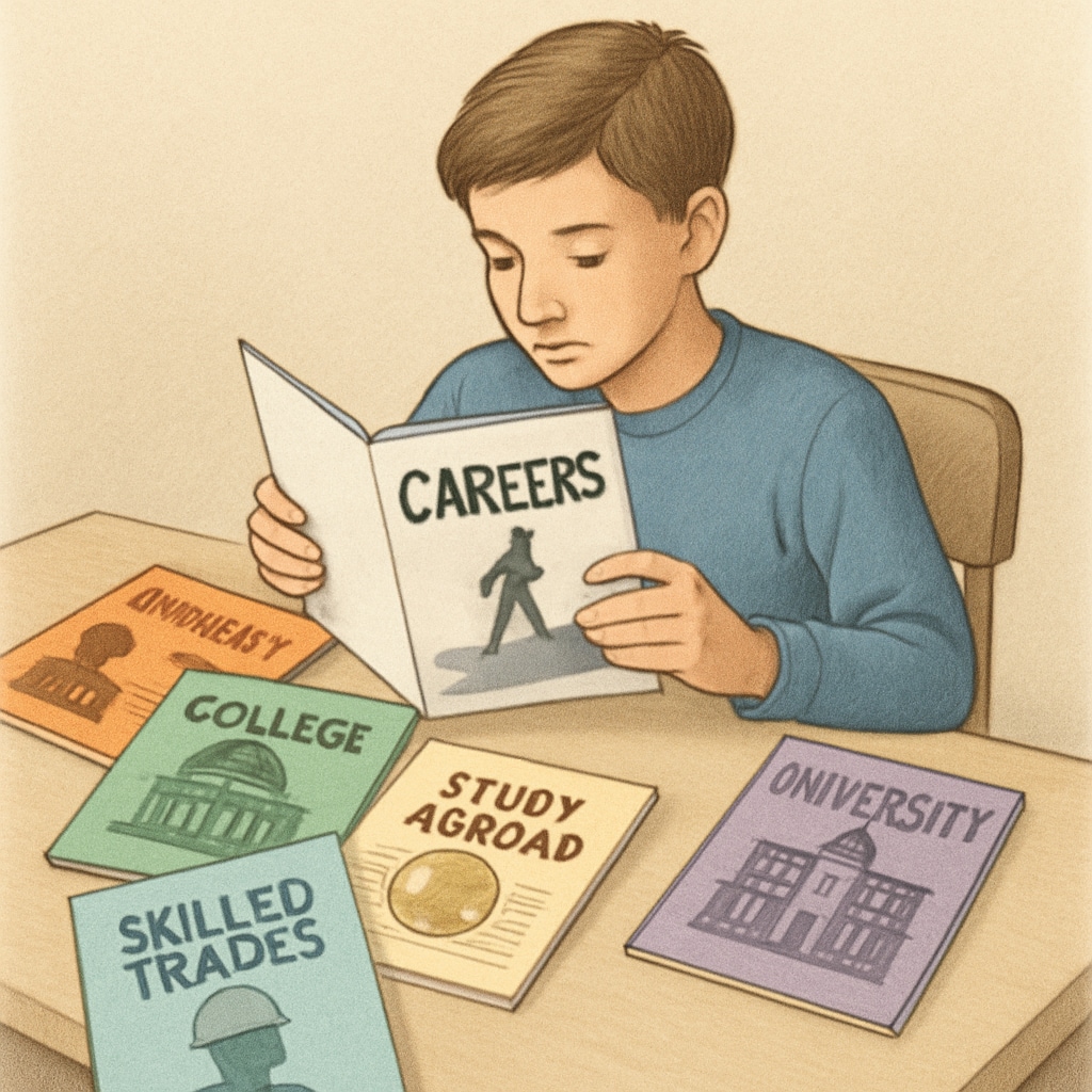 Student reviewing career and study options after GCSE results.