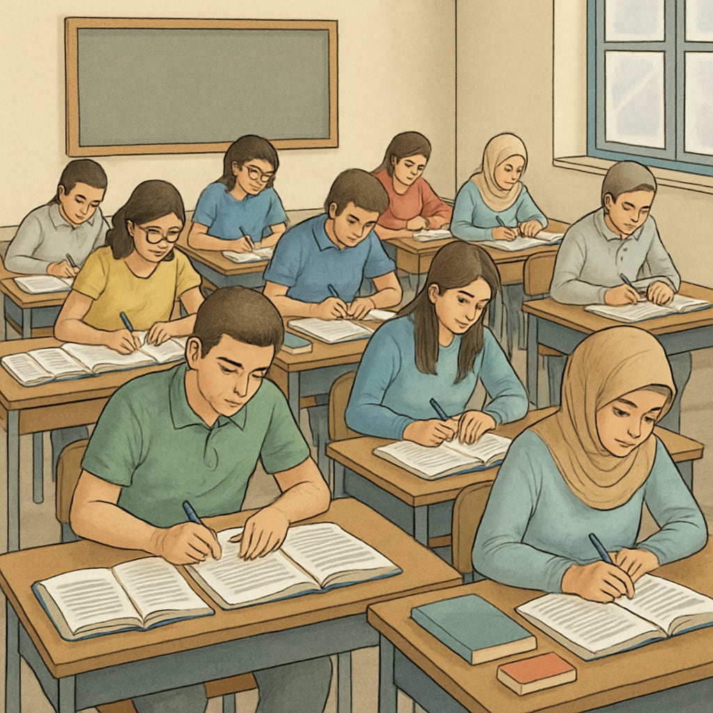 Students preparing for centralized exams in Turkey, sitting in rows with books and materials spread around them. Students studying for Turkey’s centralized exams, reflecting exam pressure.