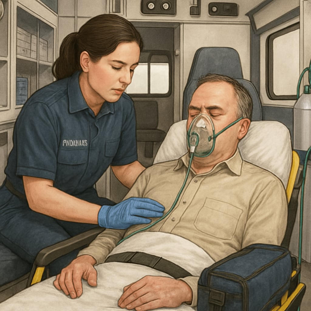 A paramedic assisting a patient in an ambulance, representing real-world EMT experience. A paramedic providing emergency care, demonstrating EMT experience relevance to nursing.