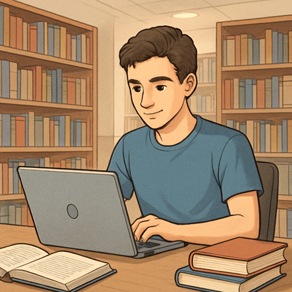 A young student researching IT university majors on a laptop in a library setting. The image emphasizes education and technology themes. Student researching IT university majors on a laptop