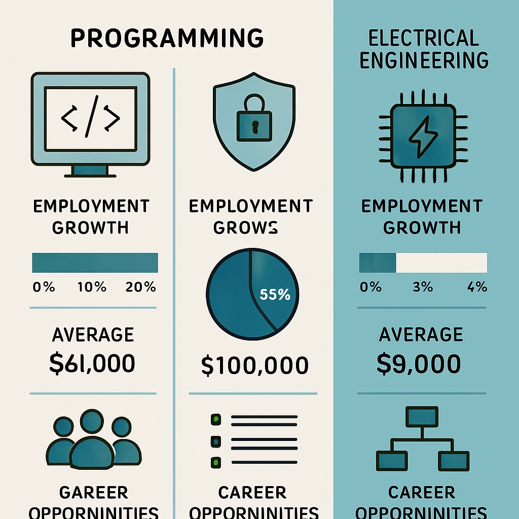 An infographic comparing programming, cybersecurity, and electrical engineering career paths. The image visually represents career prospects in the IT field. Infographic on IT university majors and career paths