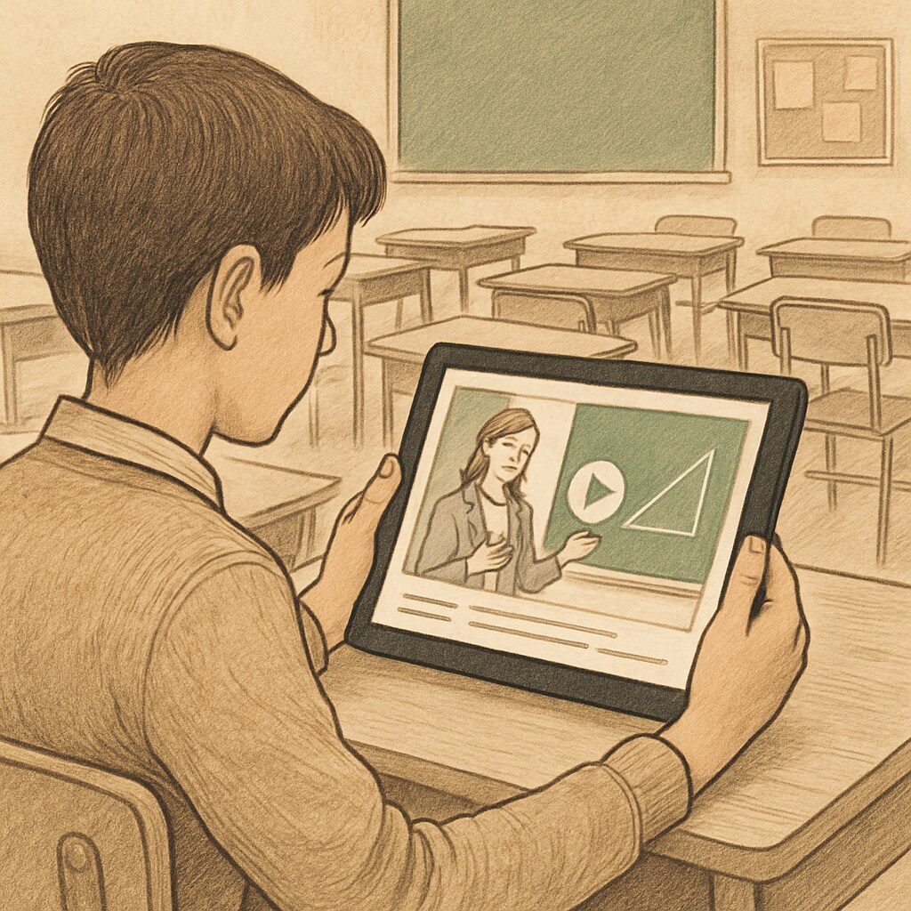 K12 student watching an educational short video on a tablet in class.