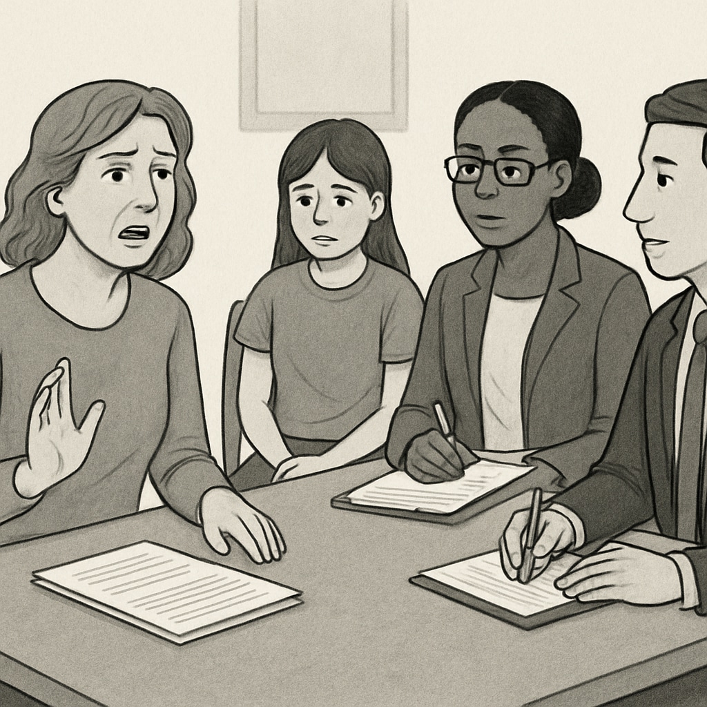 A mother advocating for her teenage daughter with ADHD and autism during a school meeting. The image depicts the emotional and administrative challenges faced by families. Advocating for education rights for teens with ADHD and autism in school placement discussions.