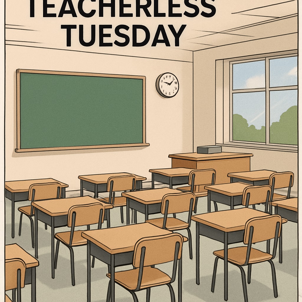A group of empty classrooms with desks neatly arranged, symbolizing the absence of teachers on Teacherless Tuesday. Empty classrooms representing Teacherless Tuesday, a collective teacher action.