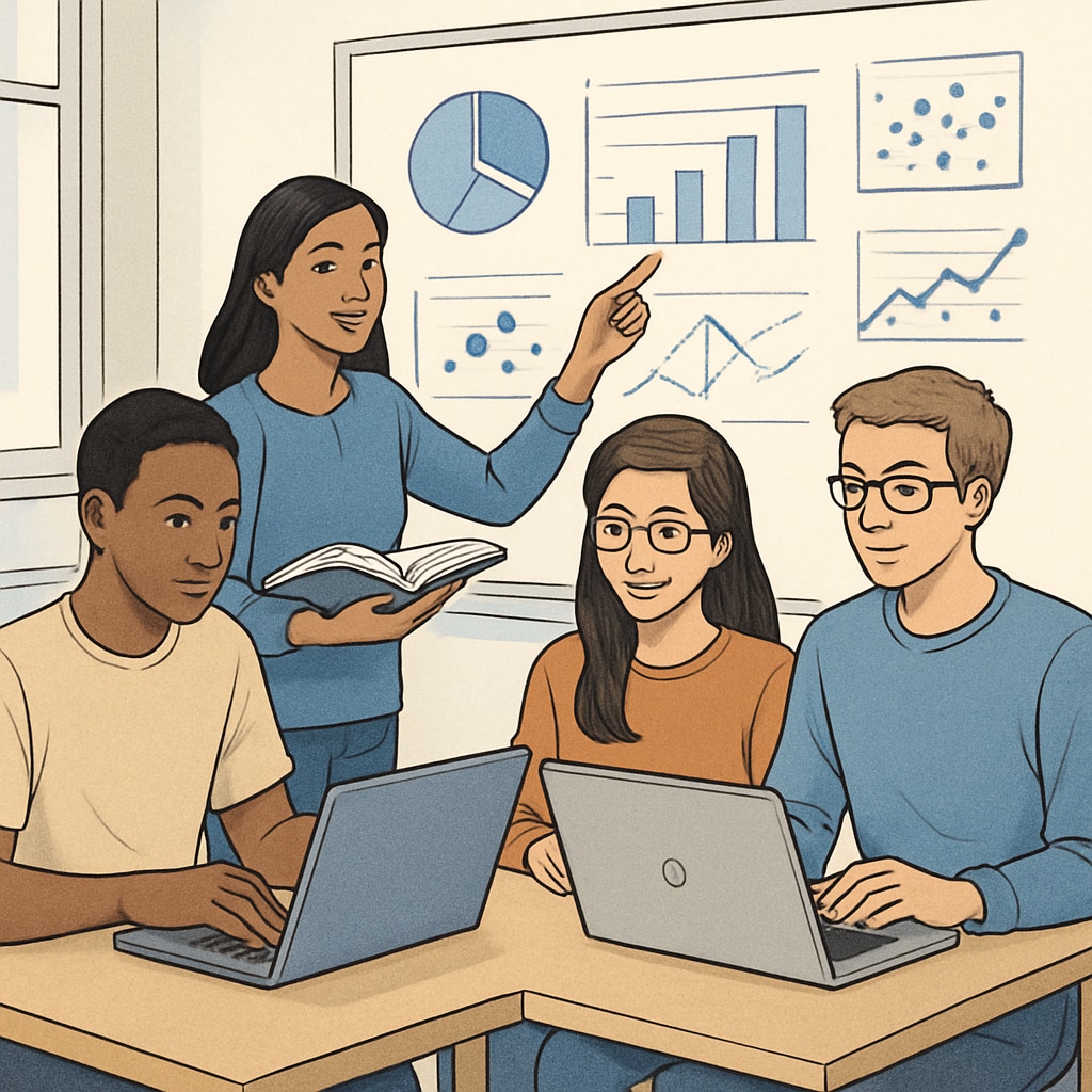 Group of international students working on a data science project.