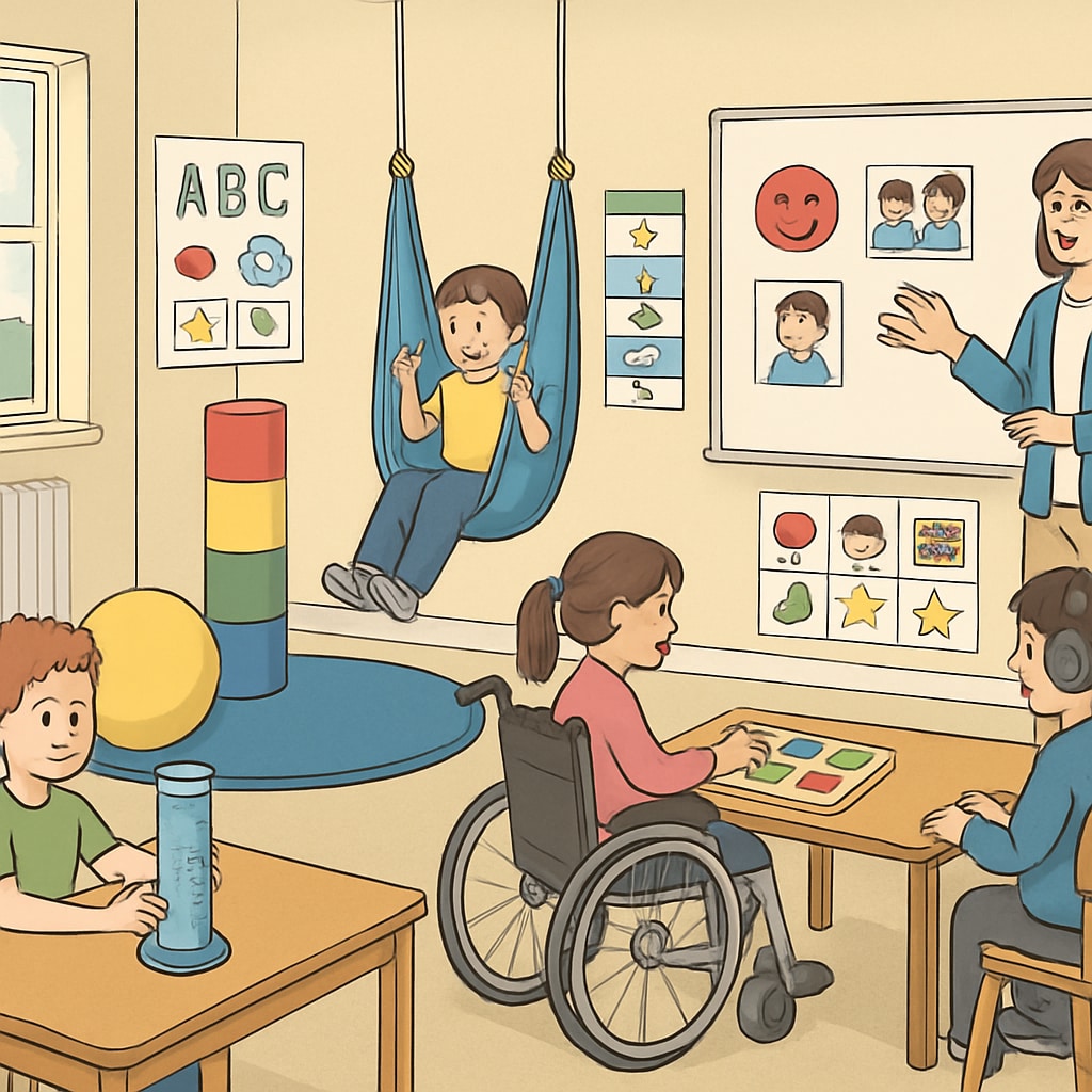 A classroom designed for students with special needs, featuring adaptive learning tools such as sensory equipment and visual aids. Special needs classroom with adaptive learning tools supporting students with ADHD and autism.