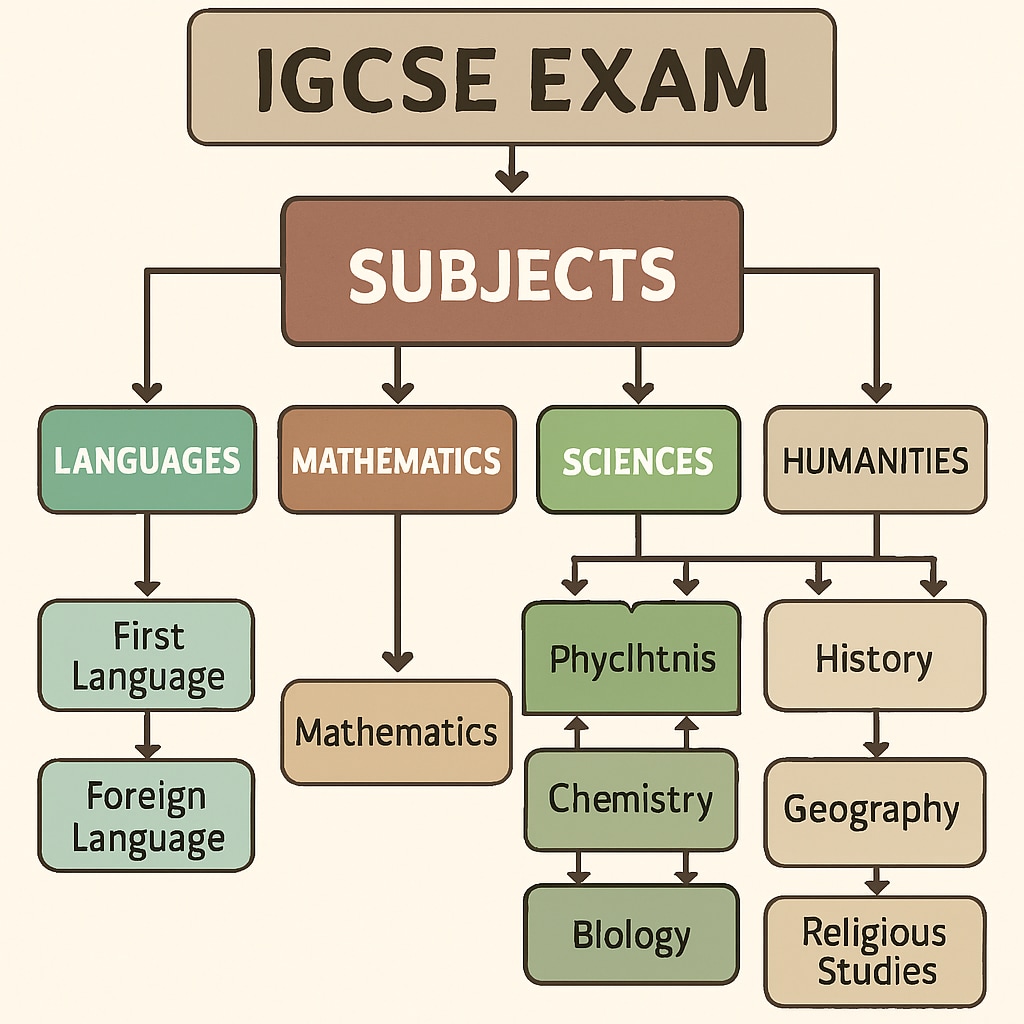 Visual representation of IGCSE exam subjects and structure.