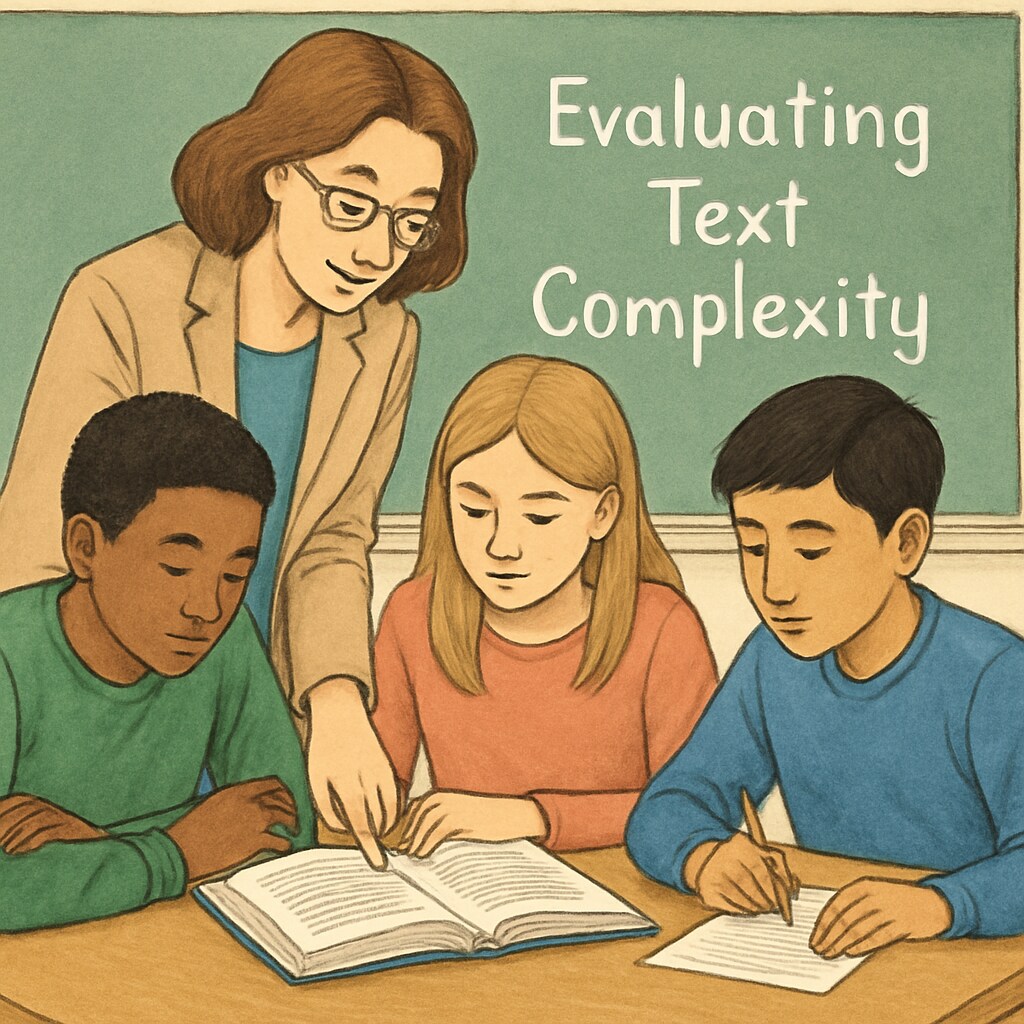 A teacher reviewing a text with students in a classroom setting, symbolizing the evaluation of text complexity. A teacher and students discussing text complexity for reading comprehension.