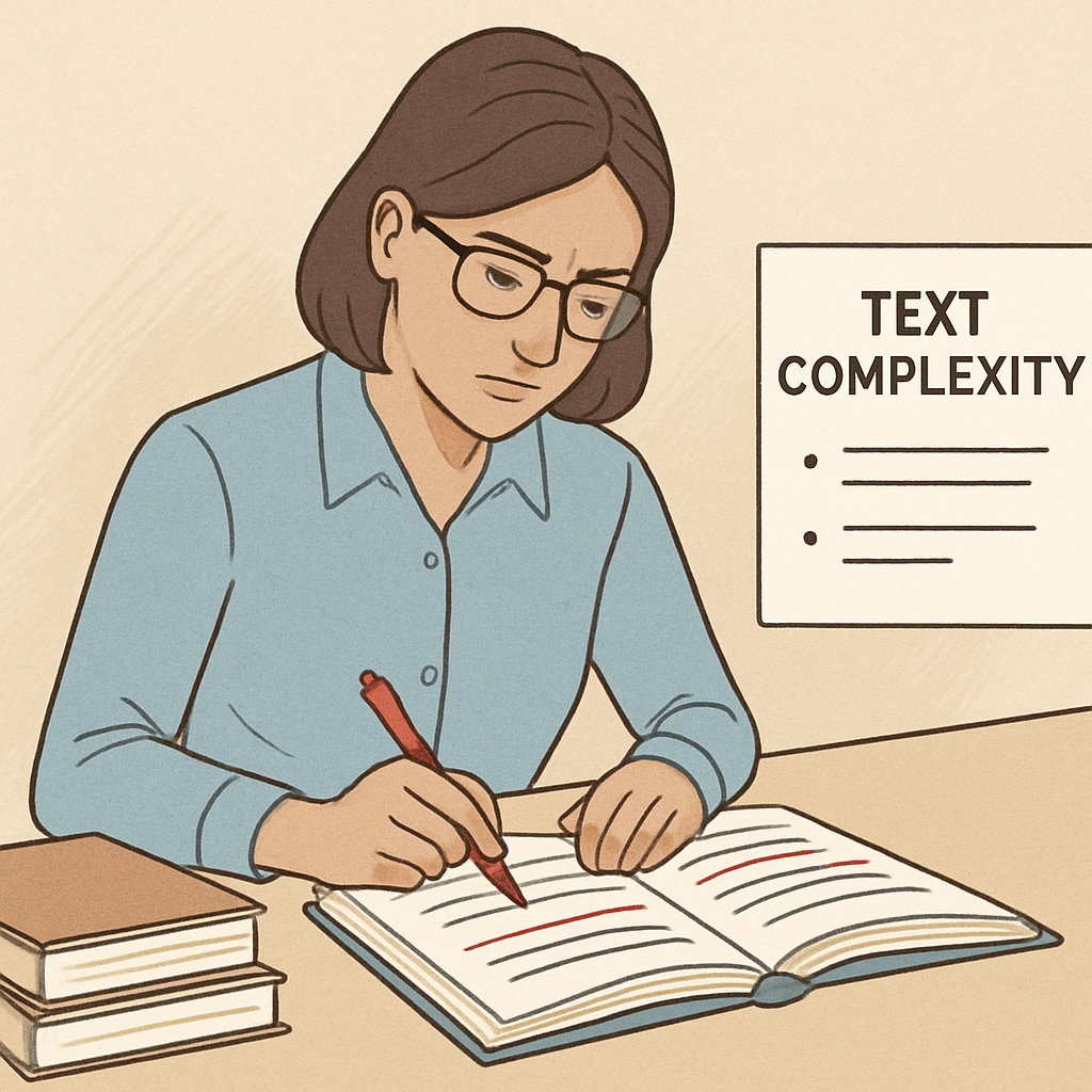 A close-up of a teacher marking a passage for text complexity analysis, representing the study’s core task. A teacher analyzing a passage for text complexity in a study setting.