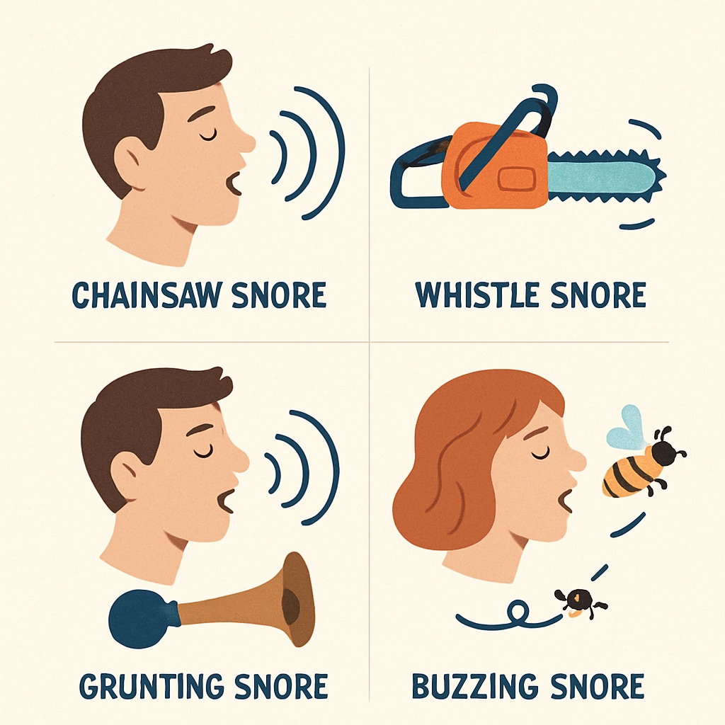 A cartoon-style illustration showing various types of snoring, such as Cartoon snoring illustration for humor in K12 classrooms