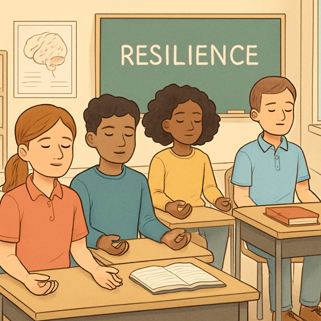 A classroom setting where students engage in mindfulness exercises, symbolizing resilience-building in leadership education. Students practicing mindfulness exercises in a classroom to build resilience.