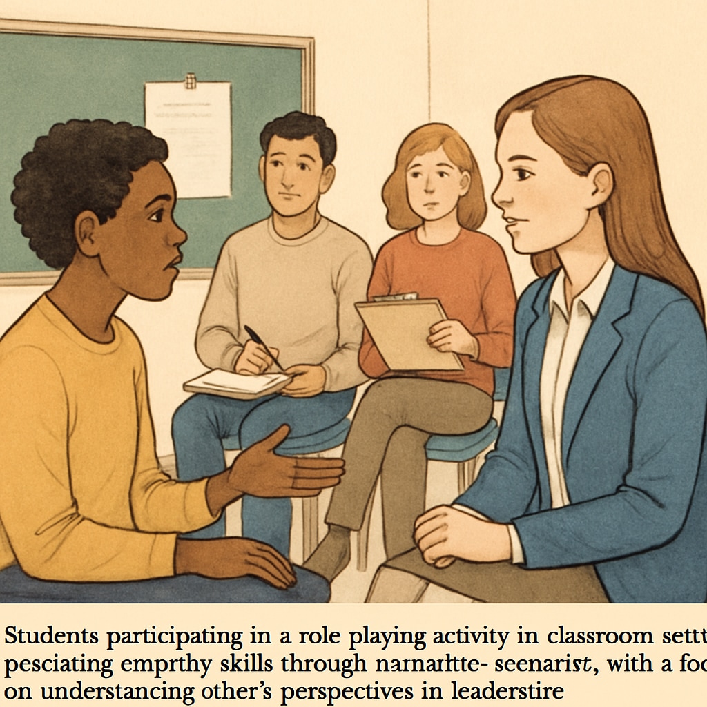Students engaged in a role-playing activity to practice empathy skills, highlighting the importance of understanding others in leadership. Students participating in role-playing exercises to cultivate empathy in leadership development.