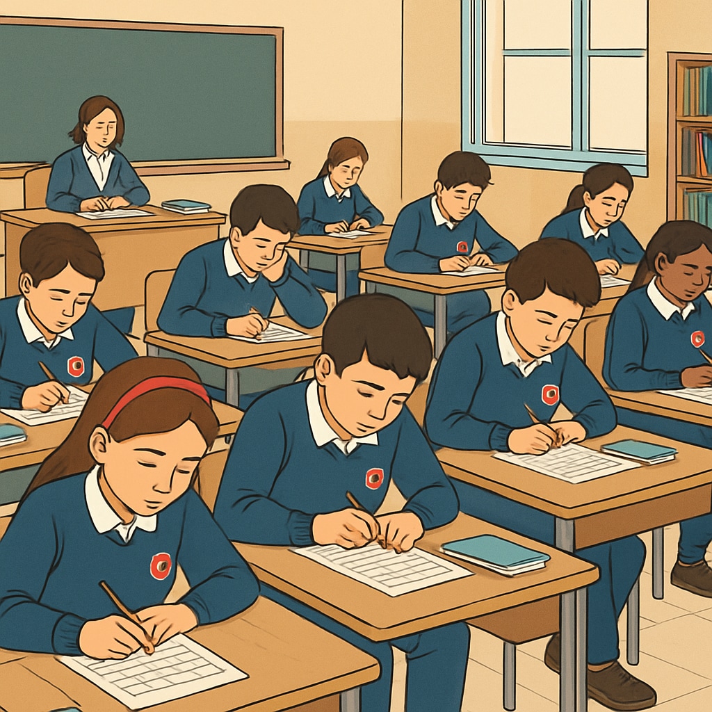 A classroom of Turkish students taking a centralized exam, illustrating the intensity and pressure of standardized testing. Students in Turkey experiencing exam pressure in a standardized testing environment.