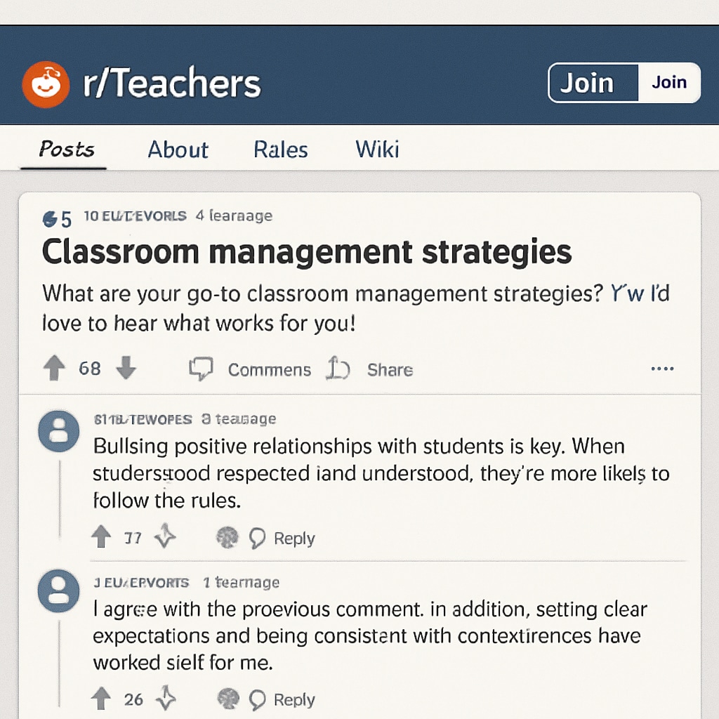 A screenshot of the r/Teachers subreddit showing a discussion thread about classroom management strategies. Discussion thread on classroom management within the r/Teachers subreddit.