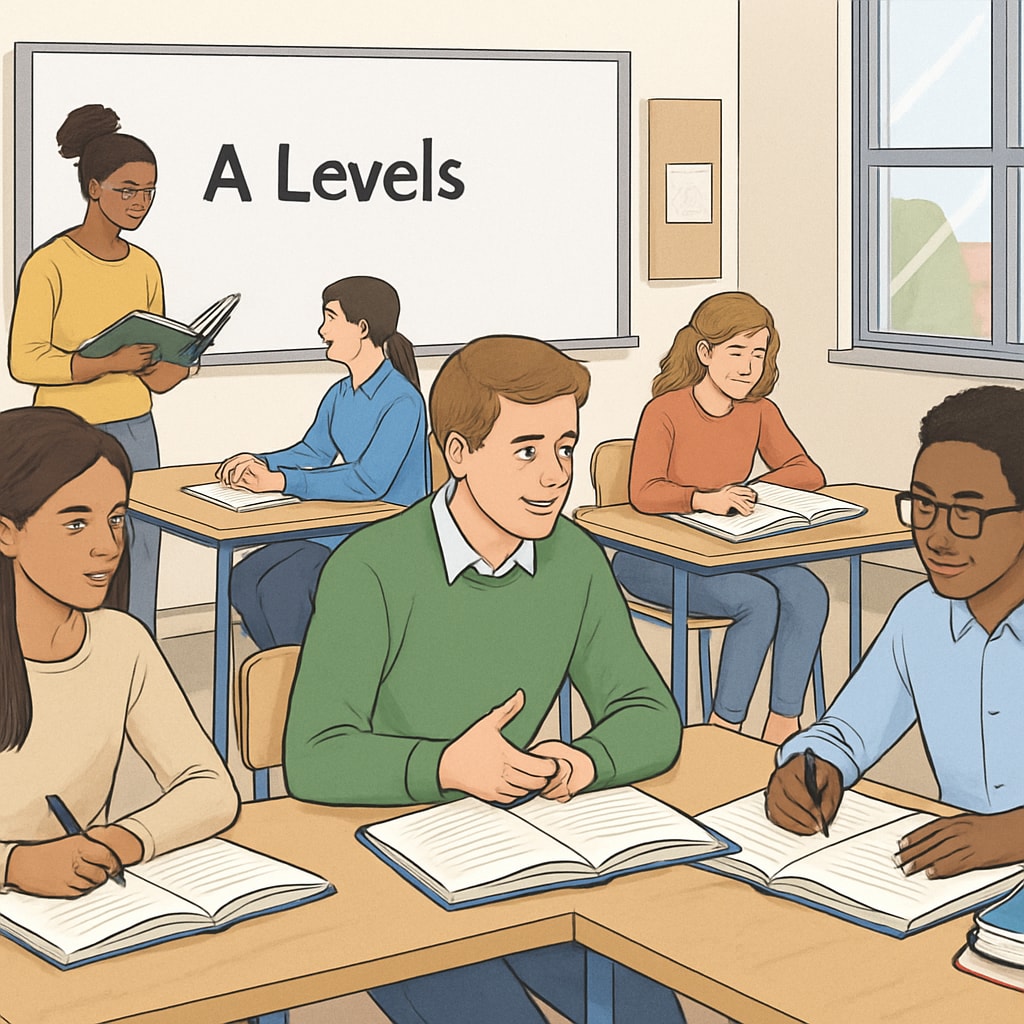 A UK classroom with students engaged in personalized learning and discussion, showcasing the flexibility of the A Levels system. UK students benefiting from the flexibility of the A Levels model.