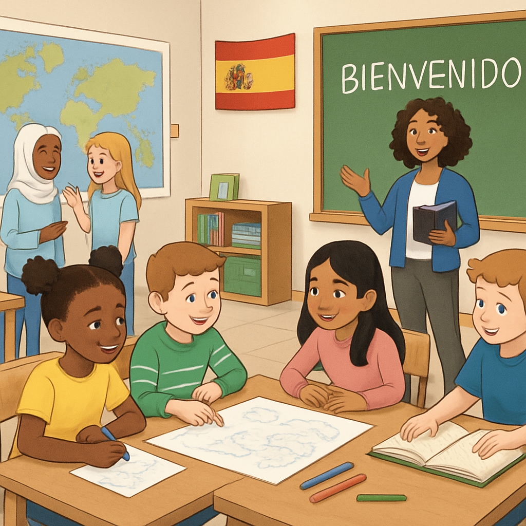 A bilingual international classroom in Spain, with students from diverse backgrounds engaging in group activities. Bilingual classroom with diverse students in Spain, discussing group projects.