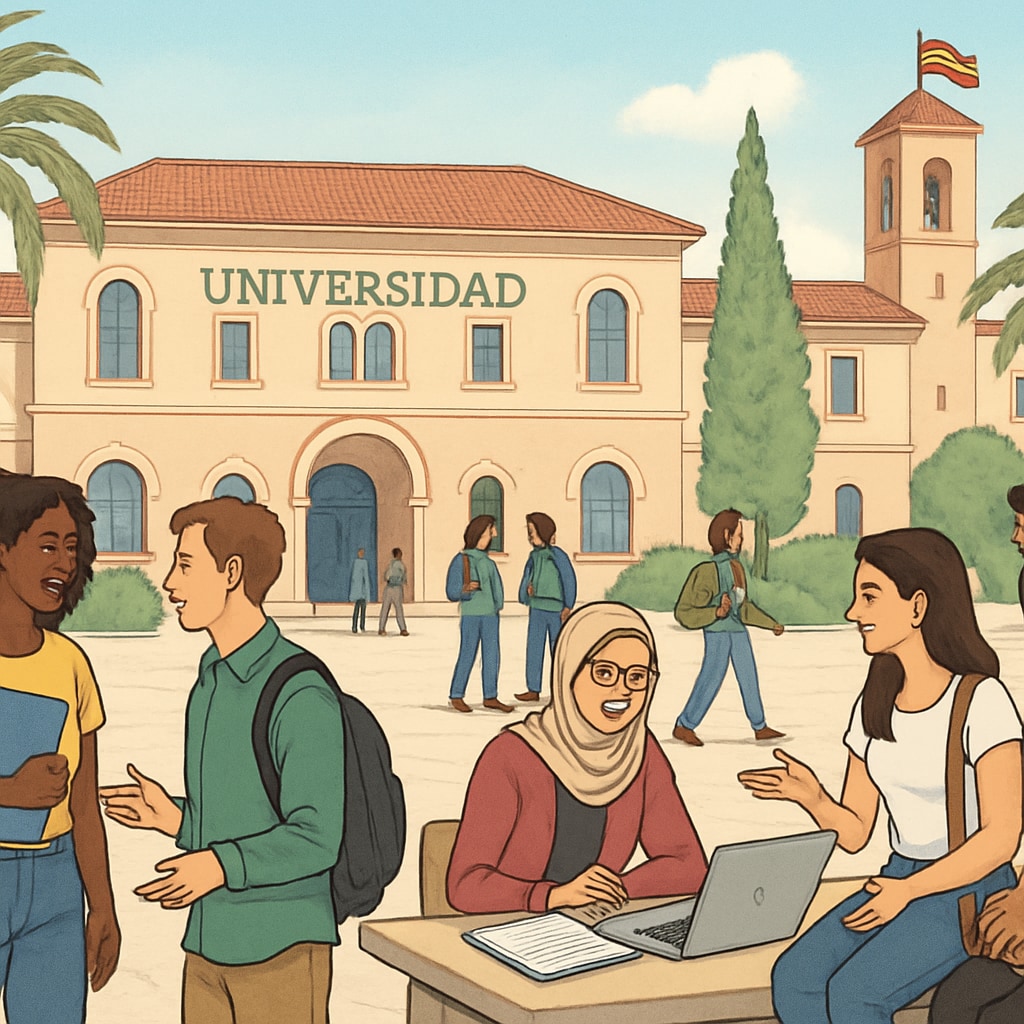 A university campus in Spain, with students discussing projects in a multicultural setting. University campus in Spain with international students collaborating on projects.