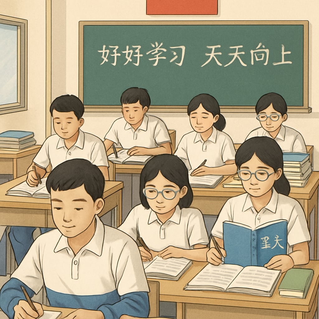 A group of students in a Chinese classroom preparing for standardized exams, symbolizing the exam-focused approach of the Chinese education system. Chinese students in a classroom preparing for standardized exams, representing China's academic rigor.