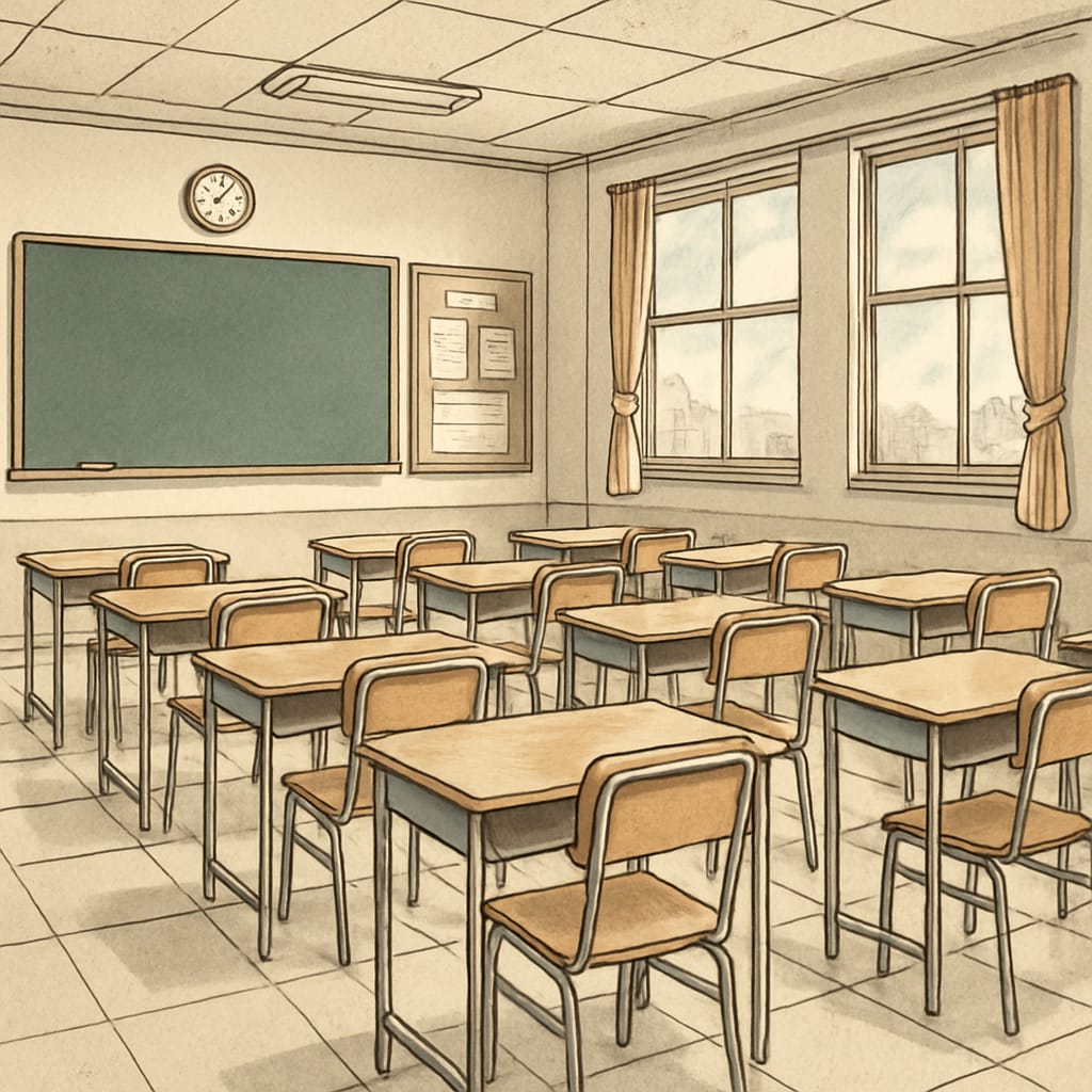 A classroom with empty desks, representing delays in school transfers for special education needs students. Empty classroom symbolizing delayed transfers for SEN students.
