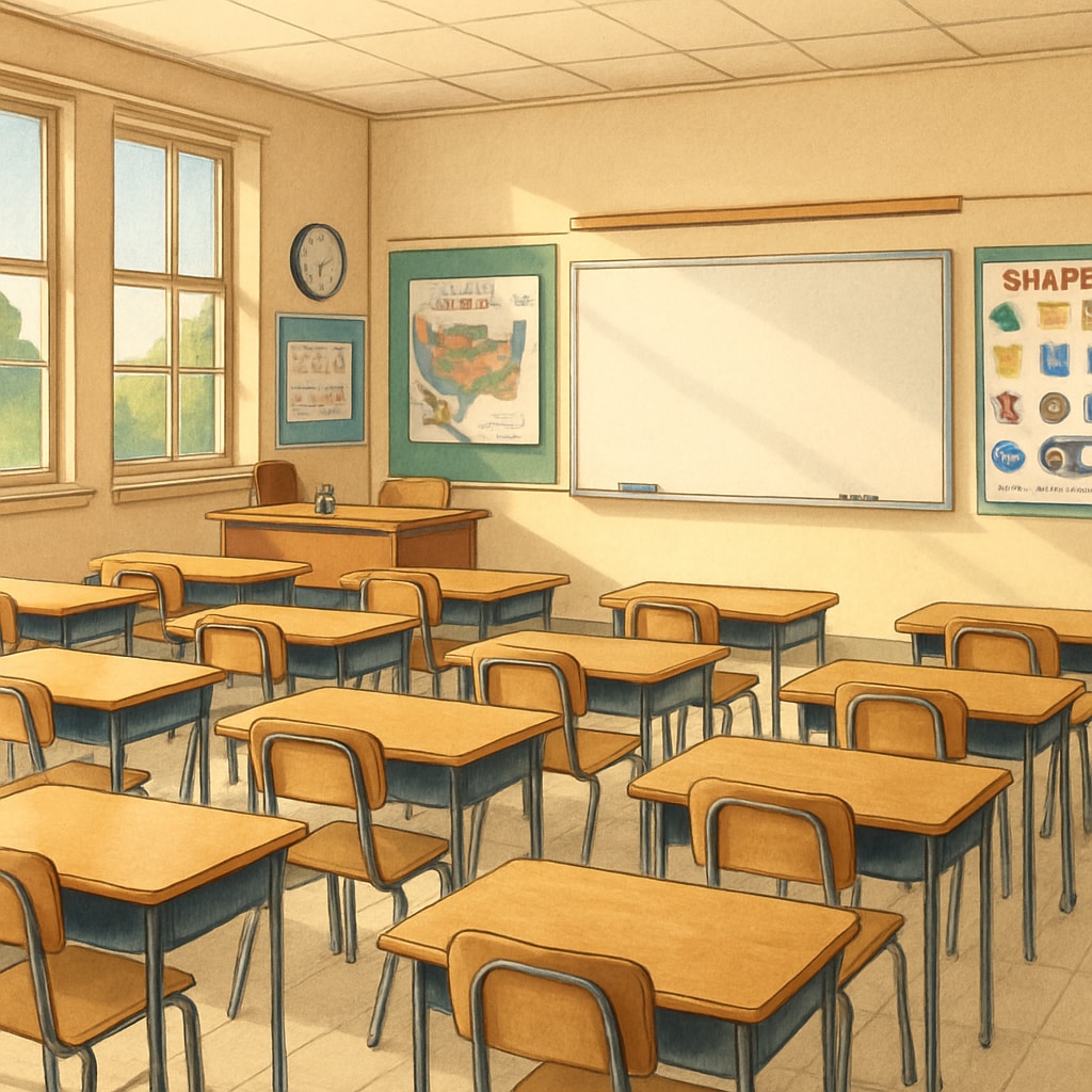 A group of empty school classrooms on a Tuesday morning, representing the absence of teachers as part of a coordinated protest. Empty classrooms symbolizing the