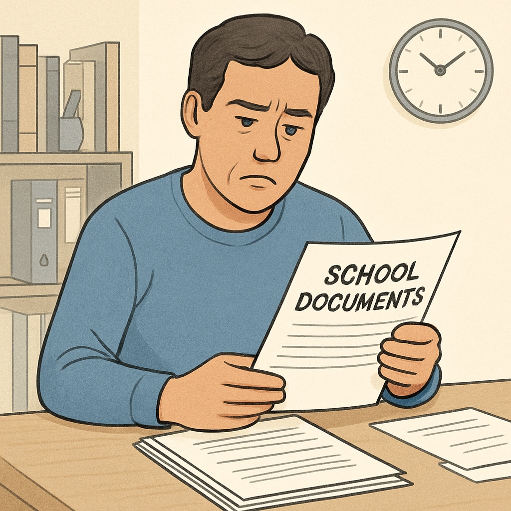 A parent reviewing school documents, showcasing the burden families face during SEN transfer delays. Parent reviewing documents during SEN school transfer delays.